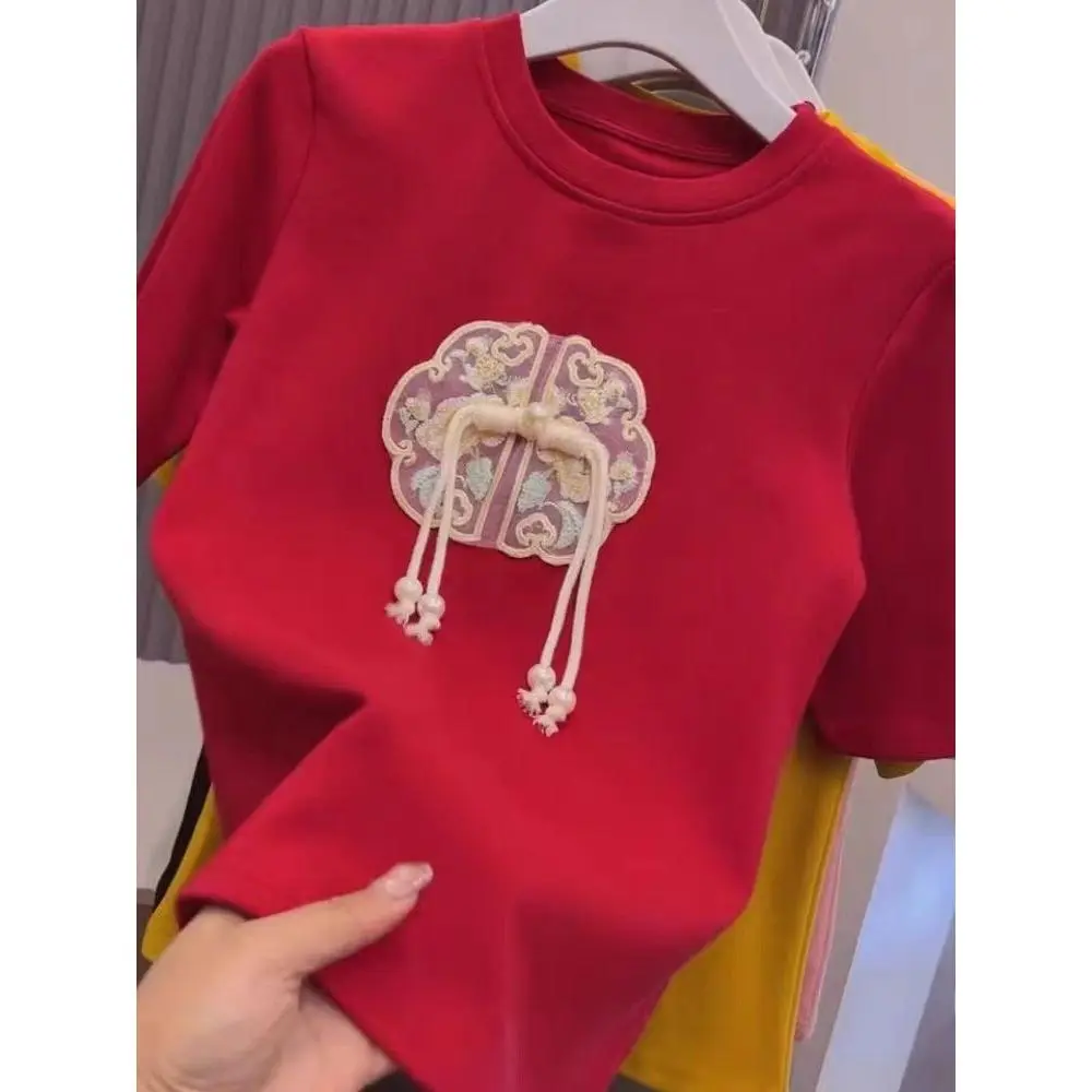 Baju Atasan untuk Wanita, Sulaman Cina Baharu, Kunci Jantung, Gaya Kebangsaan, Baju-T Lengan Pendek, Longgar, Gaya Barat, Fesyen, Sesuai untuk Musim Panas 2024, Baju Atasan Langsing