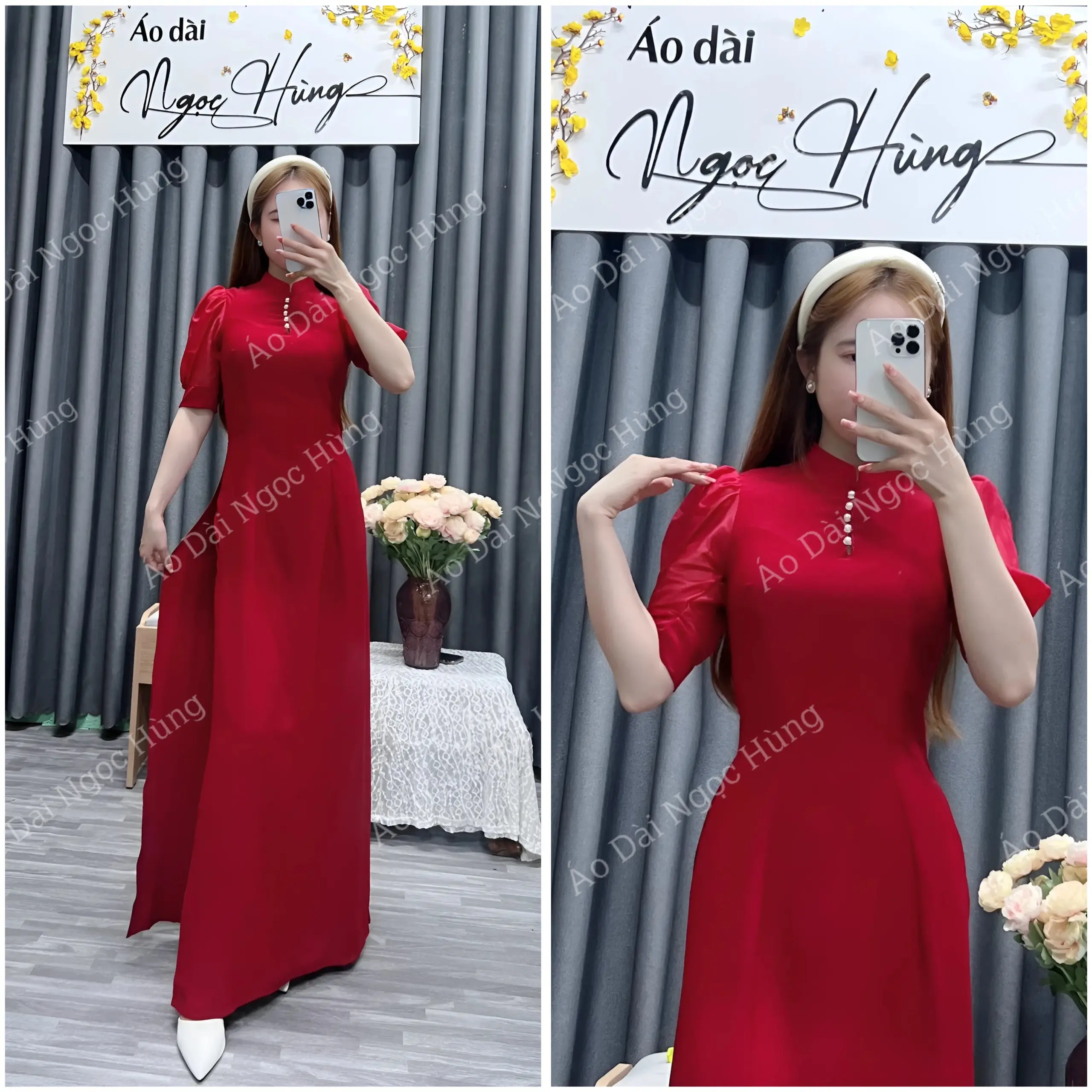 Áo dài lụa Thái Tuấn thiết kế tay bồng Voan, thân trước đính ngọc trai thanh lịch
