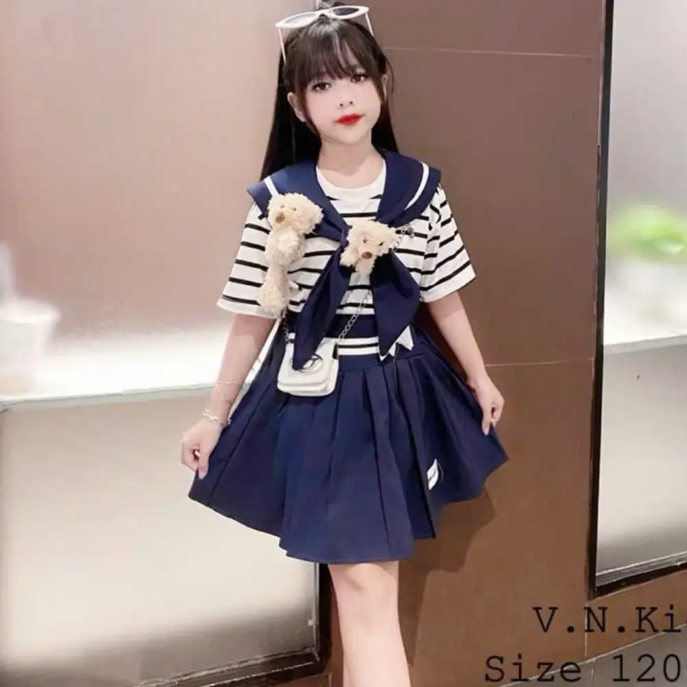Mã S10: (20kg - 50kg) Set áo sọc chất thun cotton và khăn quàng, kèm chân váy chất cotton lạnh cho bé gái