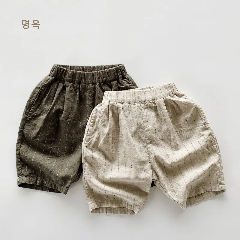 Quần short  đũi lanh mềm mịn thoáng mát sọc dọc thường ngày dành cho bé trai và bé gái phong cách Hàn Quốc, Nhật Bản.