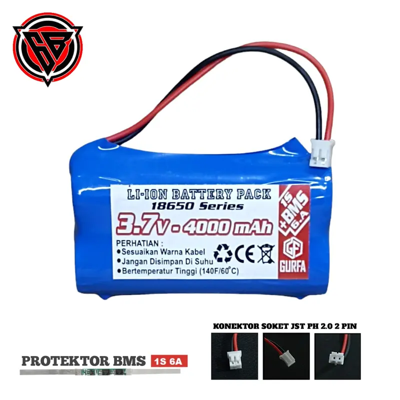 Baterai RC / Baterai Speaker & Alat Elektronik Lainnya 2X 18650 4000mAh 3,7V BMS 1S 6A  SOKET JST PH 2.0 2 PIN 0