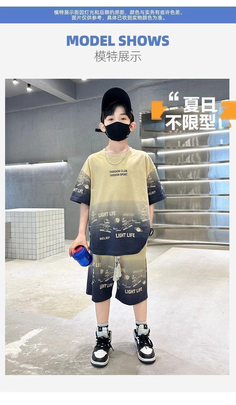 Product Introduction of Aesthetic Outfit BoysAesthetic Outfit Boys Brand Logo Outfit Boy Children'S Clothing Boys' Summer Short Sleeve T-Shirt Suit Summer Sports Knee Length Shorts Thin Medium And Large Boys Cool Handsome Tide 15