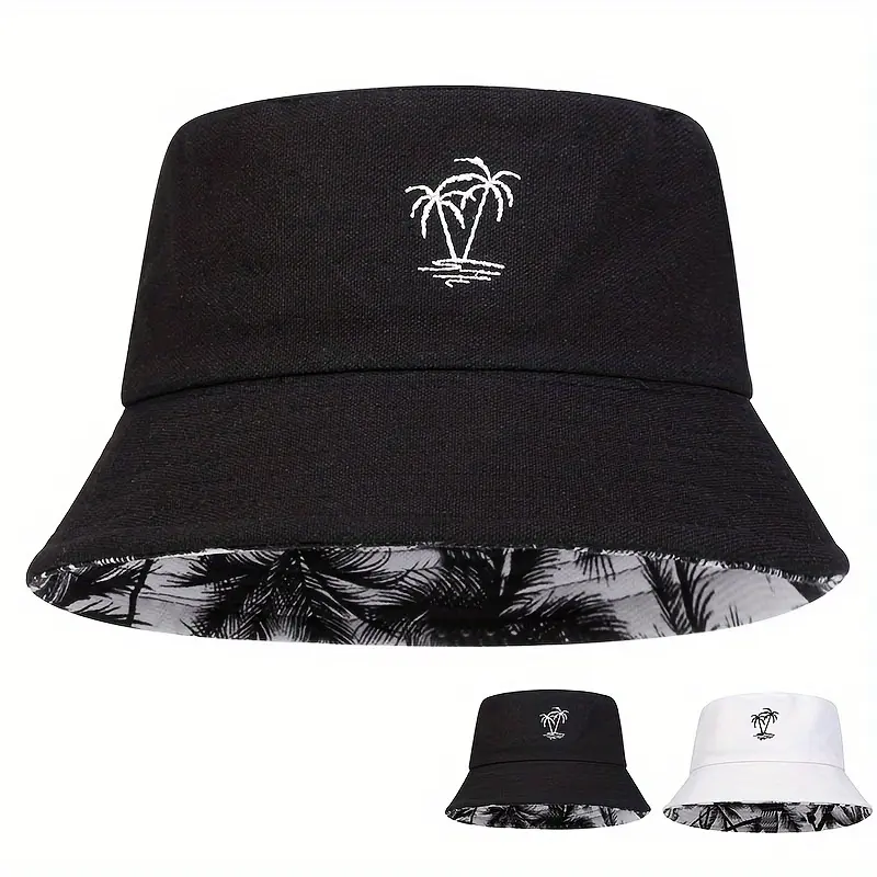 [Tree Embroidery Sun Protection Hat] 1pc Men'S Reversible Bucket Hat with Tree Embroidery, Funky Style Polyester Fishing Cap, Casual Sun Protection for Spring/Fall Travel, Beach Parties - 100% Polyester, Hand Wash Only