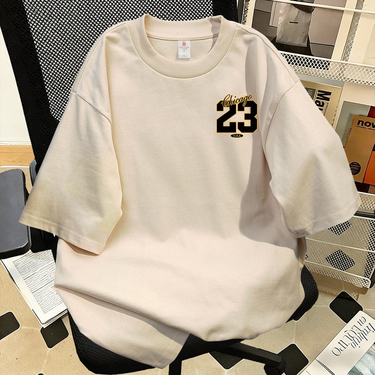 Kaos Lengan Pendek Gaya Retro Amerika Bergambar Bola Basket Nomor 23, 100% Katun, Potongan Longgar, Ukuran Besar, Kerah Bulat, Unisex