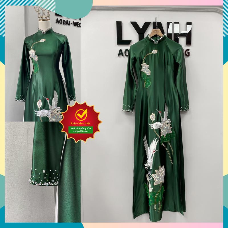 Áo Dài XANH NGỌC MẸ SUI ĐẸP- THÊU SEN ÉP ĐÁ THỦ CÔNG - Áo Dài LYNH Nữ Váy Hoa Sen Women Voi Voan Dress Kem