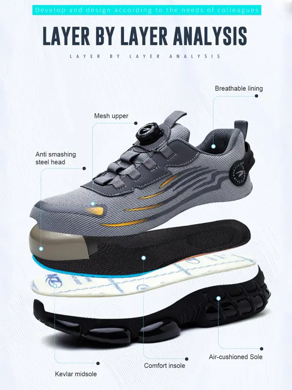 Men's Lace Up Low Top Anti Piercing & Anti Smashing Safety Shoes with Rotating Button, Casual Contrast Mesh Work Shoes, Contrast Mesh Footwear for Outdoor Closed Boy Walking Shoes Comfort Nail Bathroom 3