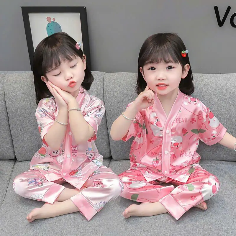 Bộ Pijama Thỏ Hồng + Bear Hồng bao gồm quần áo Lụa Mịn Thoáng Mát Cho Bé Gái