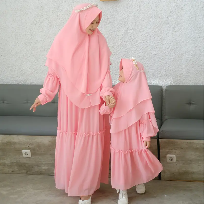 Baju Dress Gamis Wanita Syari Couple Cople Kapel Ibu Anak Perempuan Muslim Terbaru Ceruty Mewah Lebaran  Pasangan Dewasa Pasangan 3
