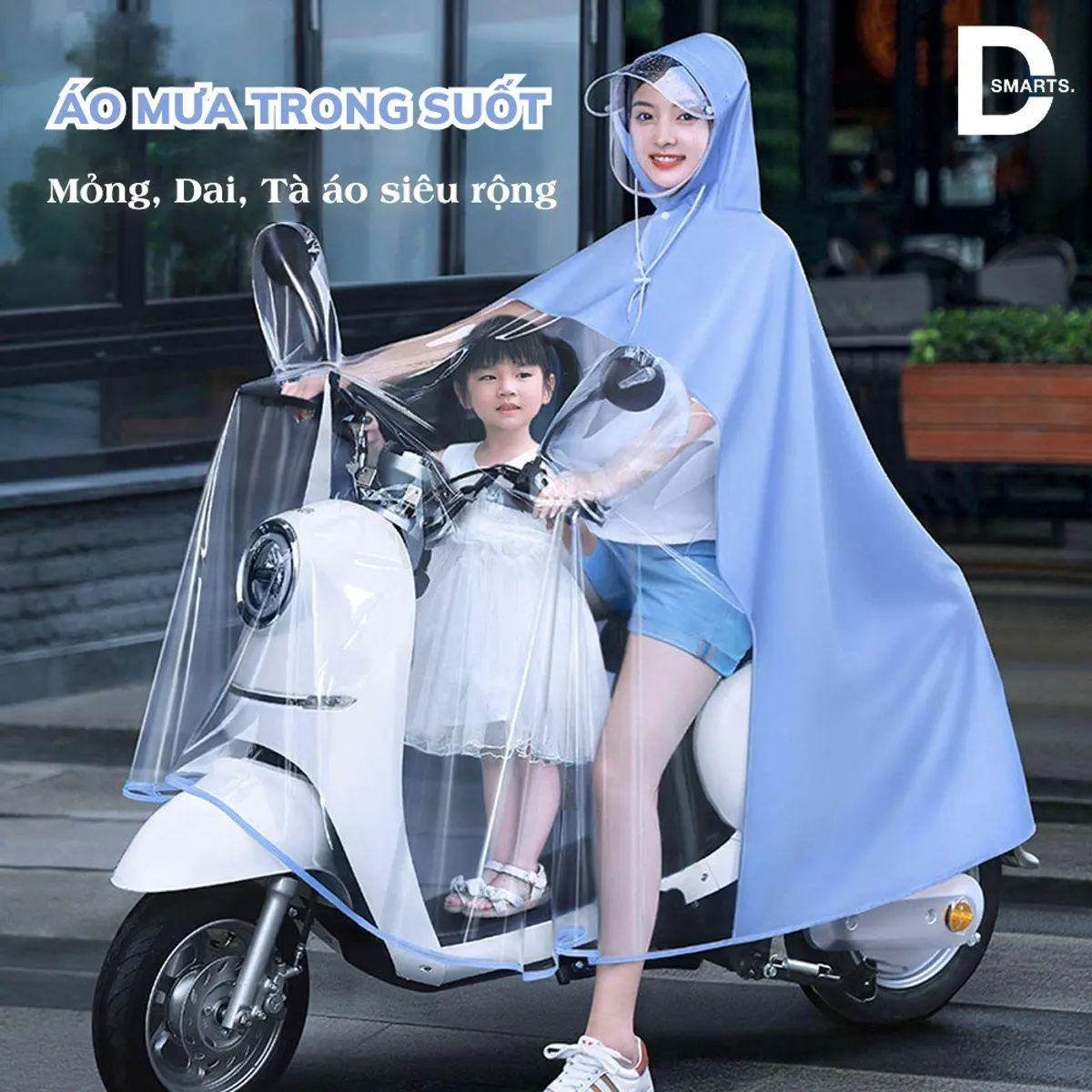 Áo mưa nửa trước trong suốt cho Mẹ và Bé, che phủ toàn thân, kèm kính chắn mưa. ô  đổi màu khi chạm nước