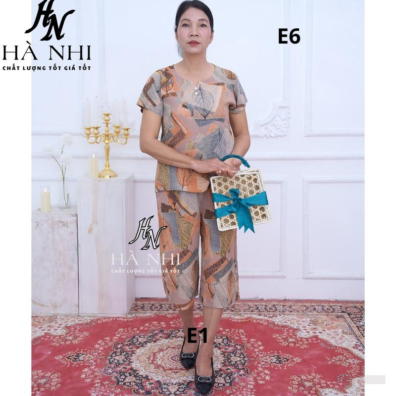 xả kho Bộ trung niên lụa Hàn Châu tay cộc quần lửng tặng mẹ tặng bà mặc mùa hè mùa thu Hà Nhi Shop Áo Nữ Women Nhung Thun Top