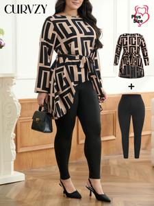 CURVZY Plus Size Two-Piece Set Geometric Print Belted High Low Hem Blouse & Skinny Pants, Casual Long Sleeve Round Neck Top & Trousers Set for Spring & Fall, Women's Clothes for Daily Wear
