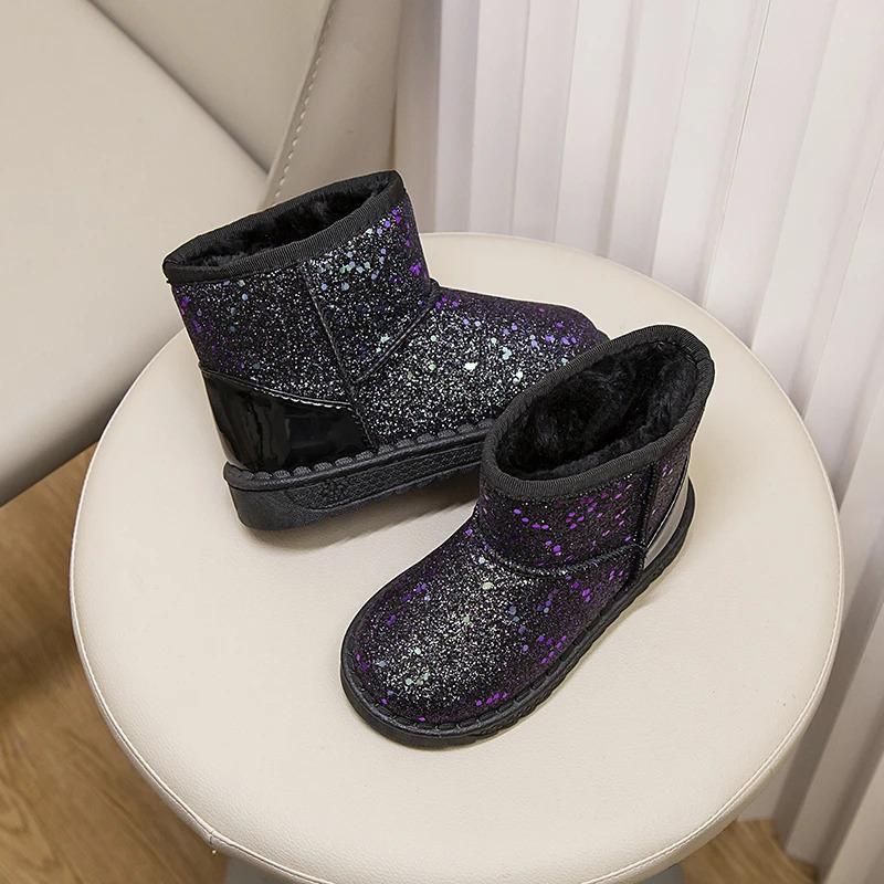 Product Introduction of Winter Girl's Snow Boots Glimmer Three Colors Thick Fur Kids Short Boot Warm Beautiful Stylish Slip-on Children Shoes 25-36 20