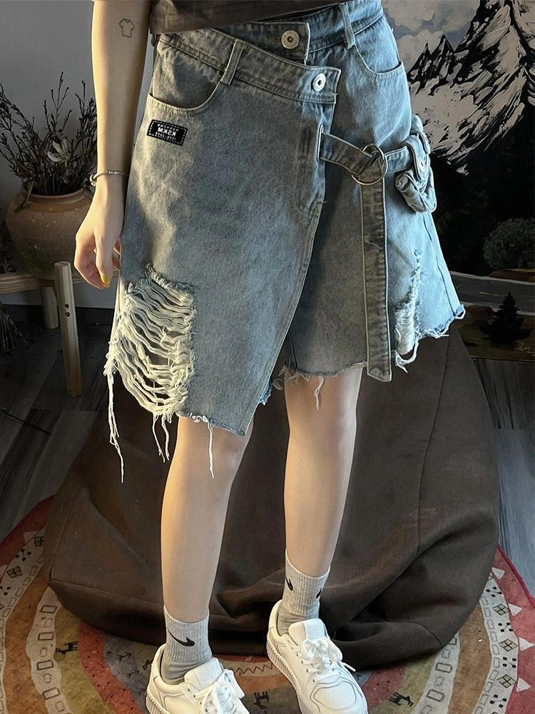 Product Introduction of Quần Soóc Denim Rách, Thiết Kế Bất Đối Xứng Phong Cách Đường Phố Cao Cấp Mỹ, Quần Nữ Mùa Hè, Thiết Kế Đẹp, Quần Dài Đến Đầu Gối Độc Đáo, Thời Trang, Niche 1