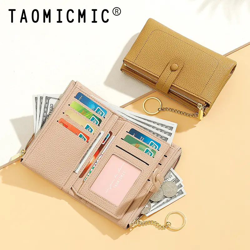 Women's Mid-Length Wallet High-Grade Large Capacity Double Zipper Two Fold Multiple Card Slots Hand Leather Clip