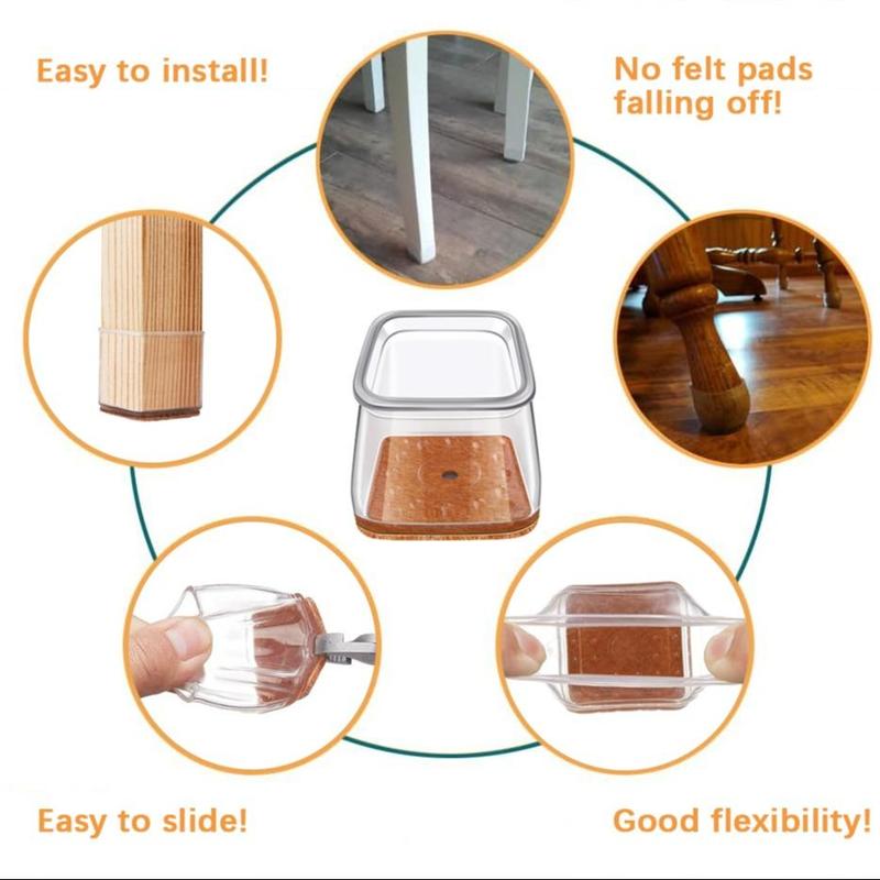 Clear Chair Leg Cover, 16pcs Silicone Square Chair Leg Protector, Anti-slip Noise Reduction Chair Leg Cover for Hard Wood Floor, Furniture Leg Cover for Bedroom Furniture, Home Bundles 4