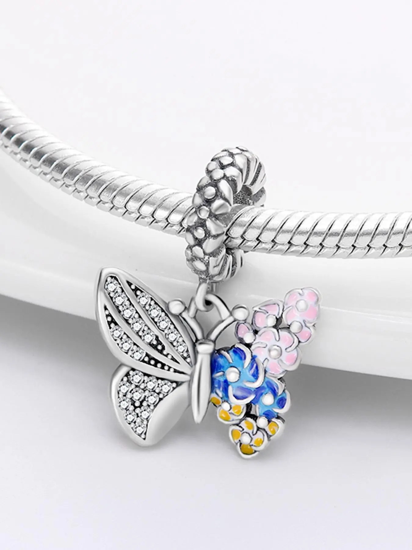 S925 Sterling Silver Butterfly & Flower Design Charm Beads, Fashionable Rhinestone Decor Pendant for Bracelet & Necklace, Trendy All-match & Exquisite DIY Gift