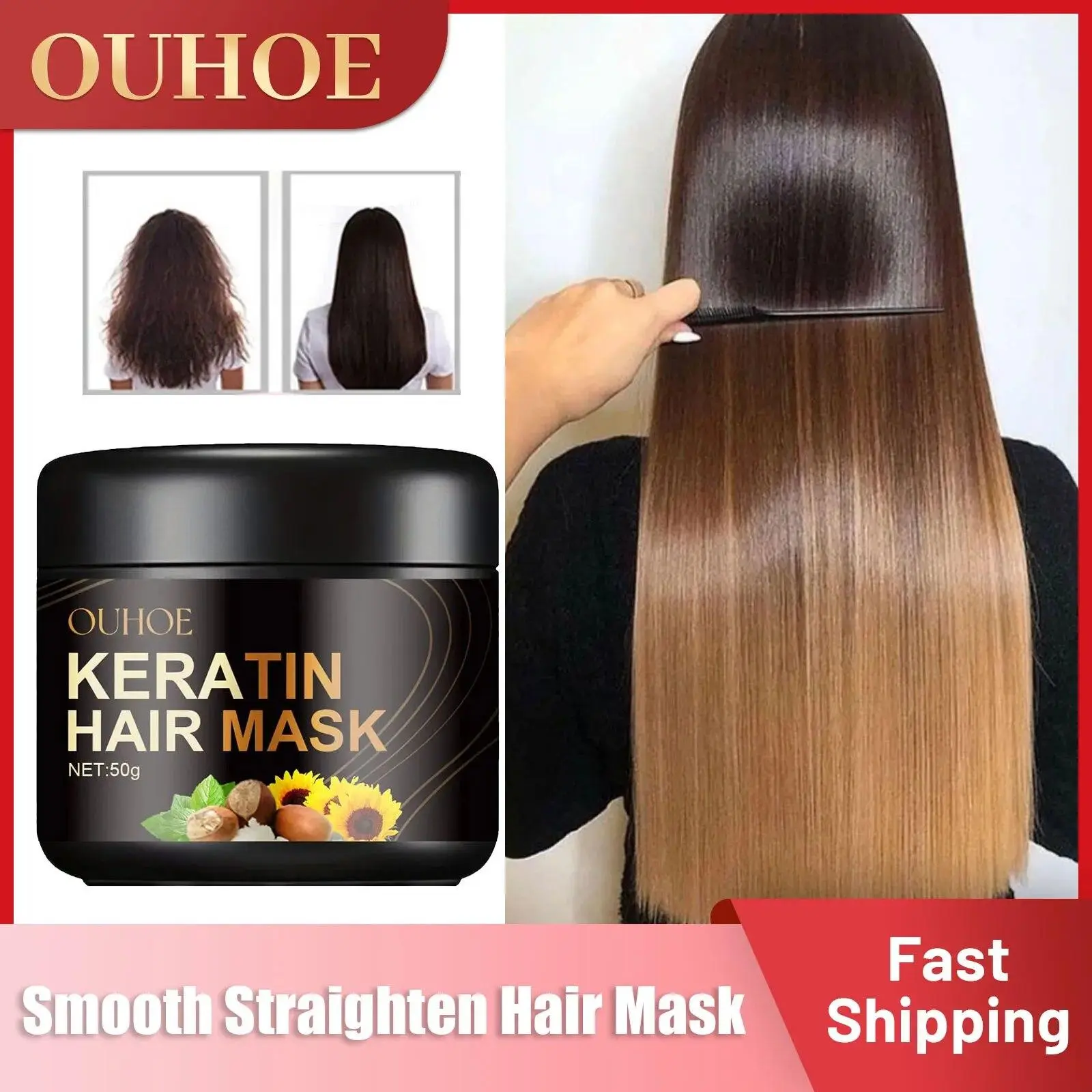 OUHOE 50G Keratin Hair Mask For Damage Hair Magical Treatment Frizzy Soft Smooth Shiny Professional Hair Straighten Conditioner Scalp Care Haircare Moisturize Hydrating Repair Shampoo Nourishing Peppermint Silky Plant