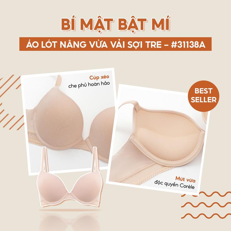 [MUA 2 ÁO TẶNG 2 QUẦN THUN LẠNH 139K] Áo ngực nữ Corèle vải sợi tre nâng 2CM có gọng, bản lưng chữ U che gọn mỡ lưng, chuẩn an toàn quốc tế OEKO-TEX từ Corèle Pháp- 31138A Women Voi