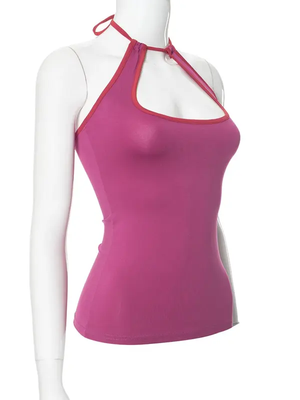 Women's Colorblock Contrast Binding Halter Neck Tank Top, Street Fashion Casual Tie Back Backless Top for Daily Outdoor Wear, Ladies Clothes for Summer, Camisole, Womenswear 7
