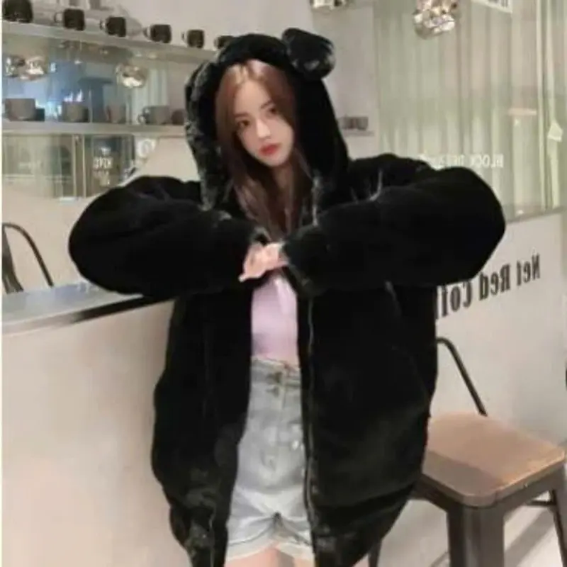 Áo Lông Có Mũ Tai Gấu 2 Lớp Trùm Đầu, Áo Khoác Lông Có Tai Chất Lông Mượt Fom Rộng Thời Trang Nam Nữ 3