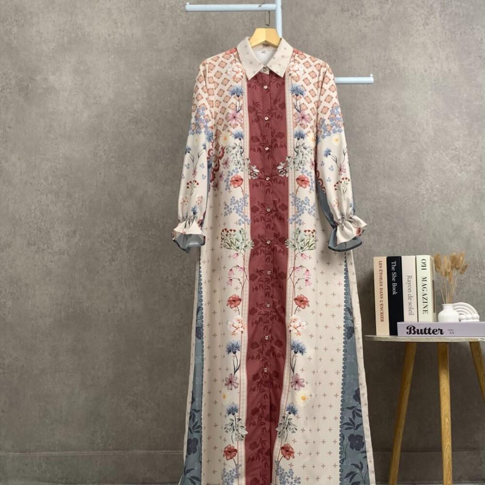 Asaya Gaun elegan dengan motif posisi mode lengan panjang