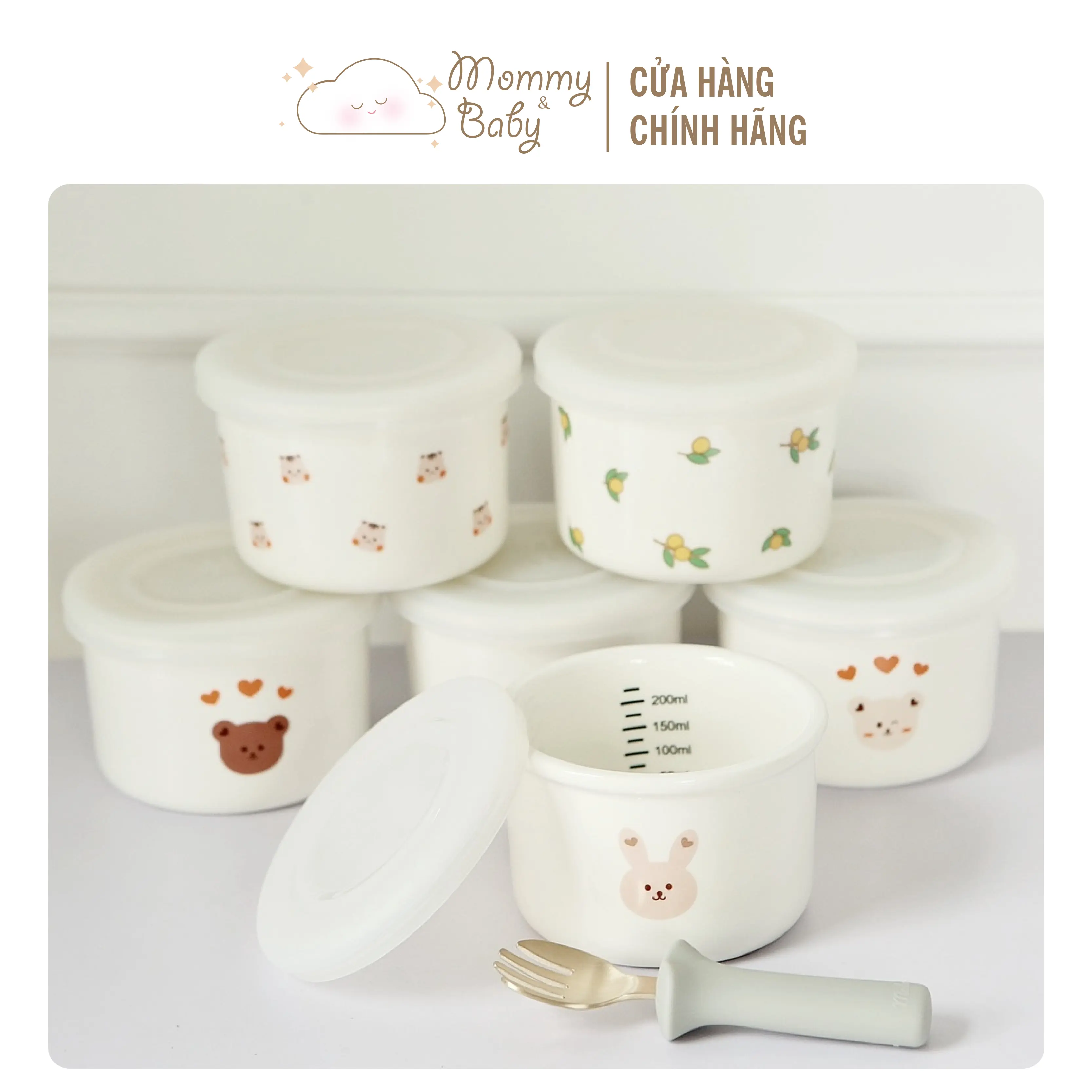 Bát sứ ăn dặm, hũ sứ trắng, cốc đựng thực phẩm cho bé phong cách Hàn Quốc có nắp đậy silicon 200ml