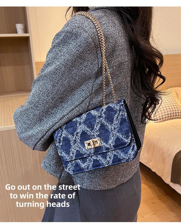 Product Introduction of 2024 New Fashion Women's Bag Trendy Denim Small Square Bag Single Shoulder Crossbody Chain Lock Buckle Ladies Bag 3