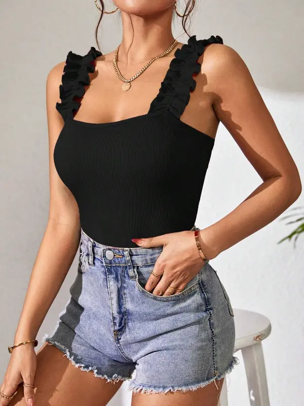 Women's Plain Frill Trim Square Neck Tank Bodysuit, Comfort Breathable Casual Sleeveless Bodysuit for Summer, Ladies Clothes for Daily Wear, Summer Clothes 3