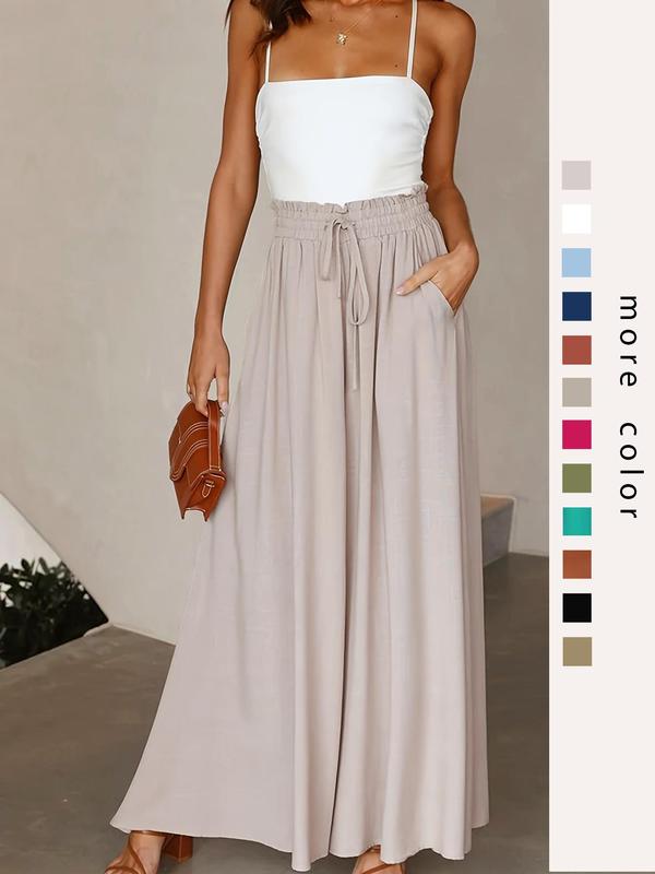 Women's Plain Pocket Drawstring Paper Bag Waist Wide Leg Pants, Casual High Waist Trousers for Fall, Back To School Pants for Women, Women's Bottoms for Daily Wear, Fall Outfits, Fallfreshness, Womenswear 1