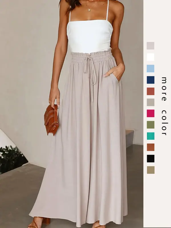 Women's Plain Pocket Drawstring Paper Bag Waist Wide Leg Pants, Loose Casual High Waist Trousers for Fall, Back To School Pants for Women, Women's Bottoms for Daily Wear, Womenswear 1