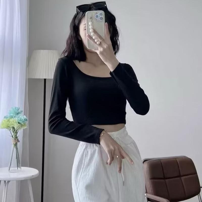 Áo thun nữ croptop cổ vuông tay dài trơn thun gân tăm ôm dáng size dưới 54kg mã dh66
