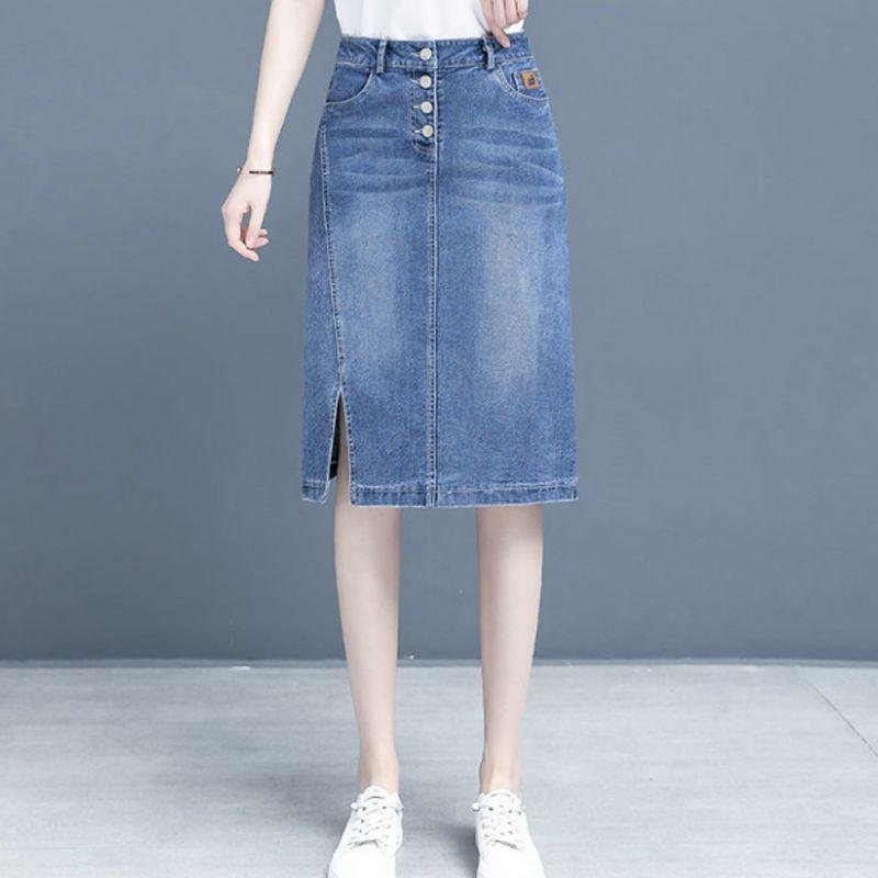 Chân Váy Denim, Dành Cho Nữ, Hàng Mới Về Xuân / Hè 2025, Cạp Cao, Xẻ Tà, Dài Trung Bình Ống Ôm Dáng Chữ A, Ngoại Cỡ, Chân Váy Bó Sát 6