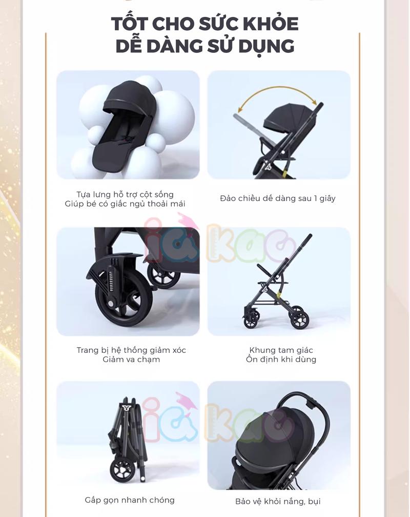 Product Introduction of Xe đẩy IQ Kao 2 chiều 3 tư thế linh hoạt, giảm xóc êm ái, Gấp gọn dễ dàng, Sử dụng 4 mùa thoáng khi cho bé 0-3 tuổi IK06 3