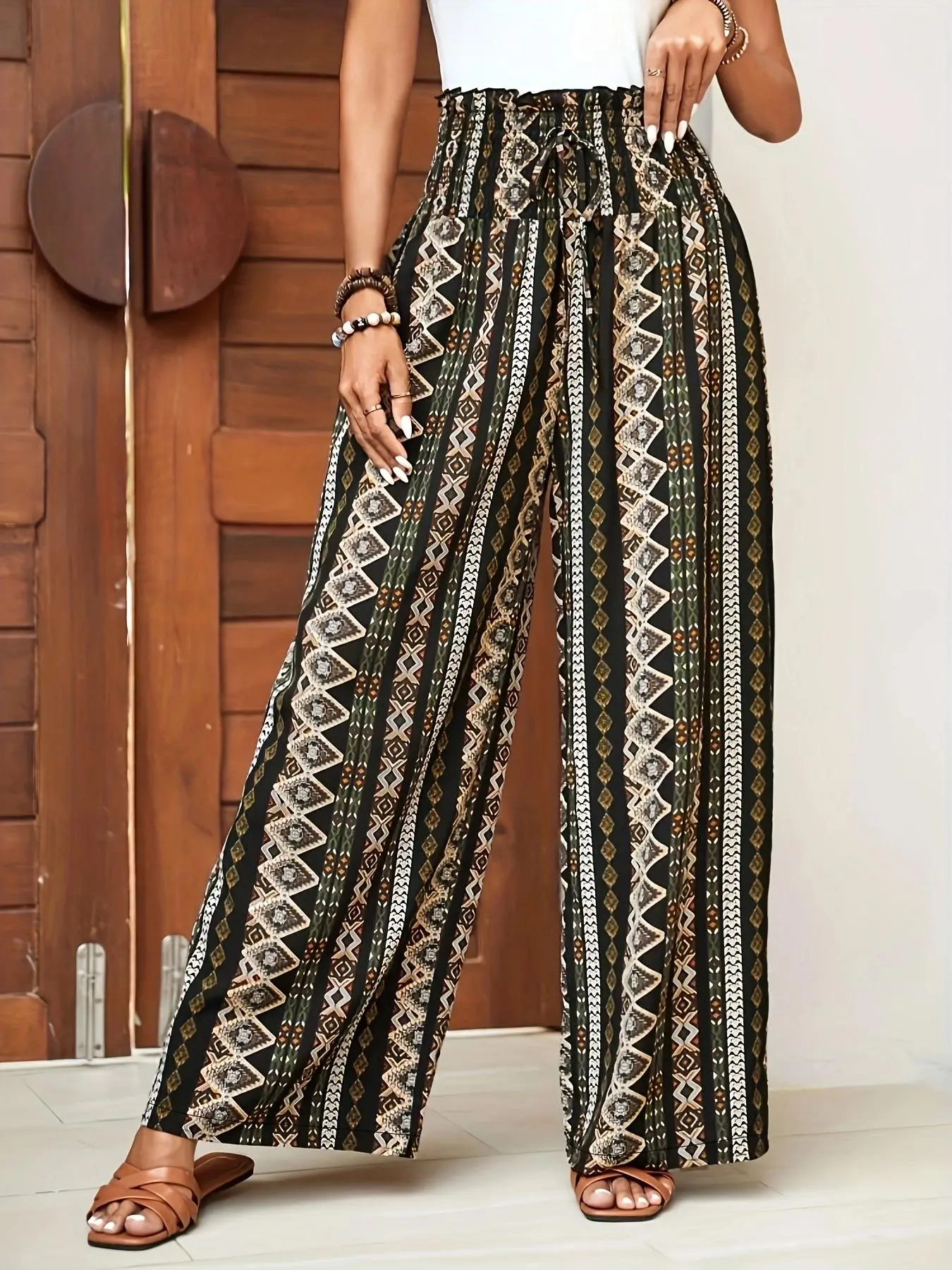 Women's Ethnic Pattern Paper Bag Waist Wide Leg Pants, Boho Casual High Waist Shirred Trousers for Vacation Beach, Ladies Bottoms for All Seasons