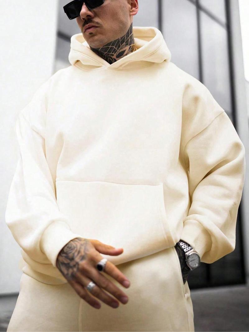 Product Introduction of Men's Solid Drop Shoulder Thermal Lined Hoodie, Casual Regular Fit Long Sleeve Pocket Hooded Sweatshirt for Fall & Winter, Men's Clothes for Daily Wear 3
