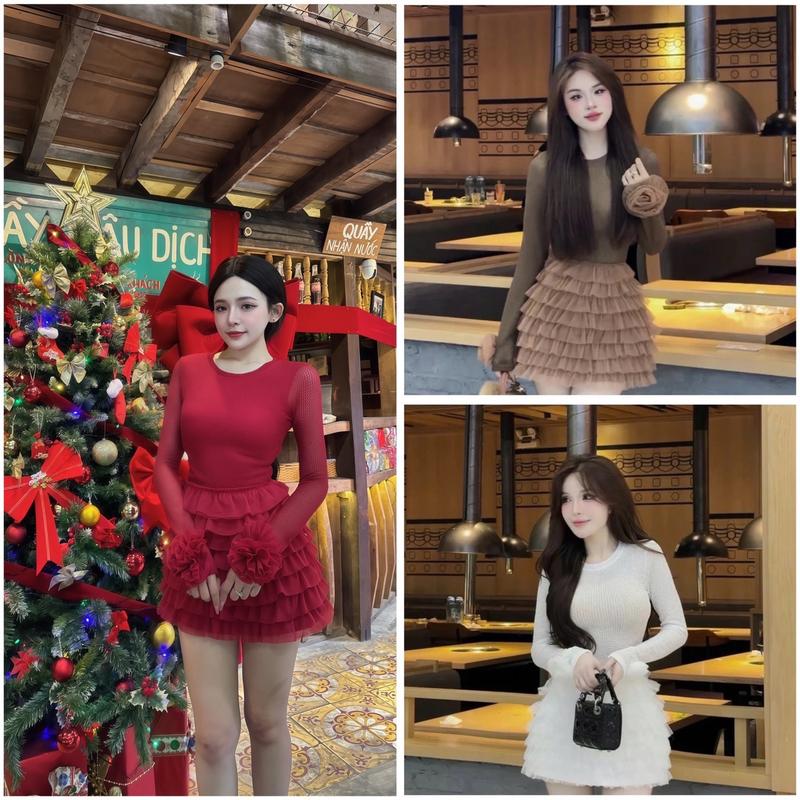 Set áo tay dài hoa tay và chân váy tầng lưới CÓ QUẦN kho sỉ hải chuyền Se55