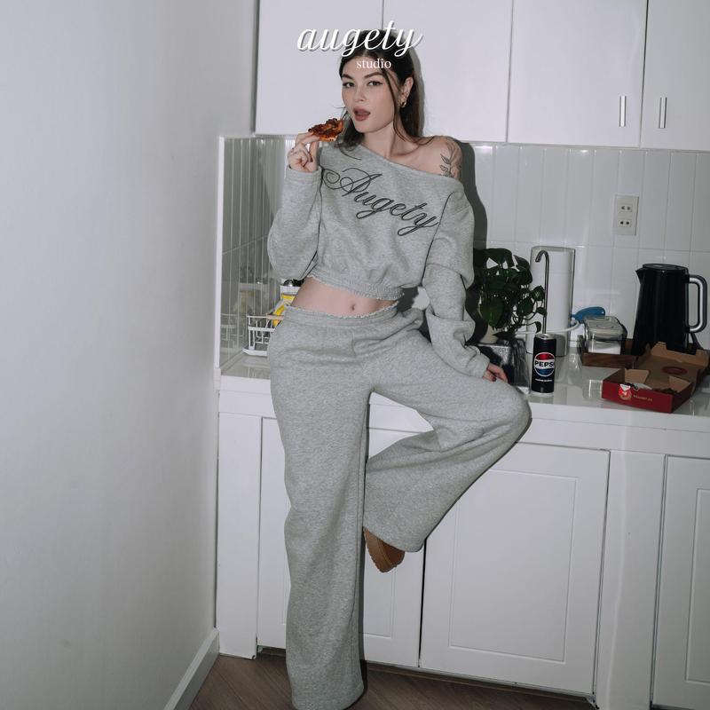 Set Áo Sweater Nỉ Croptop Thêu Chữ Và Quần Nỉ Dài Ống Rộng, COSIE SET SWEATER & PANTS AUGETY