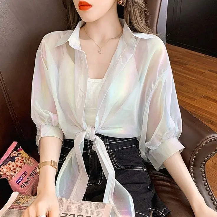Colourful kemeja Shimmer silk pendek // kemeja ala Korea // kemeja crop top  // kemeja shimer // kemeja crop top murah // Kancing Wanita Atasan Tangan