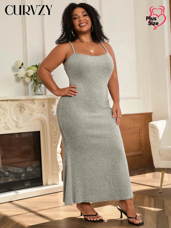 CURVZY Plus Size Solid Color Ribbed Mermaid Dress, Casual Sleeveless Maxi Dress for Summer, Women's Clothing for Daily Wear 4