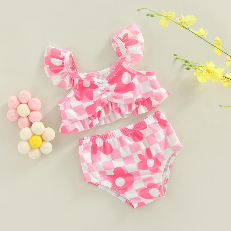 Product Introduction of Toddler Kid Baby Girls Bikini Set, Plaid Flower Print Fly Sleeve Camisole with Briefs Bathing Swimsuit for Summer Beach Playsuit 6 9 12 18 24 Months 2-3 Years Old Kid 43