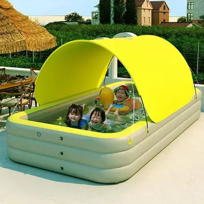 Large Inflatable Pool With Removable Canopy - 126x75x25 Family Pool With Seats & Cup Holders