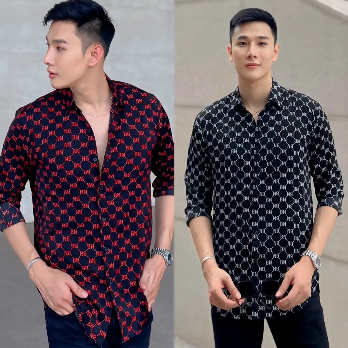 Áo Sơ Mi Lụa Nam Thiết Kế 2 màu đỏ đen hoạ tiết phối chữ BN thanh lịch Menswear