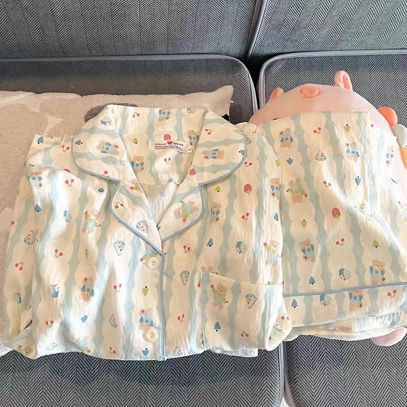 Bộ Đồ Ngủ Cotton Cho Nữ, Thiết Kế Đám Mây, Thích Hợp Cho Mùa Hè, Với Gấu Hoa Anh Đào, ngắn Tay, Phong Cách Người Nổi Tiếng Trên Internet, Dễ Thương Và Ngọt Ngào, Có Sẵn Trực Tiếp, Thích Hợp Cho Trang Phục Đi Ngủ Của Học Sinh 1