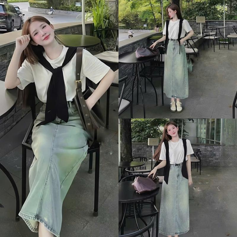 Set đồ nữ áo thun gân tay ngắn cổ tròn phối chân váy jean quảng châu dài xẻ phía sau kèm choàng xinh xắn, thanh lịch, dễ thương dành cho các nàng đi chơi, dã ngoại, du lịch Top Women