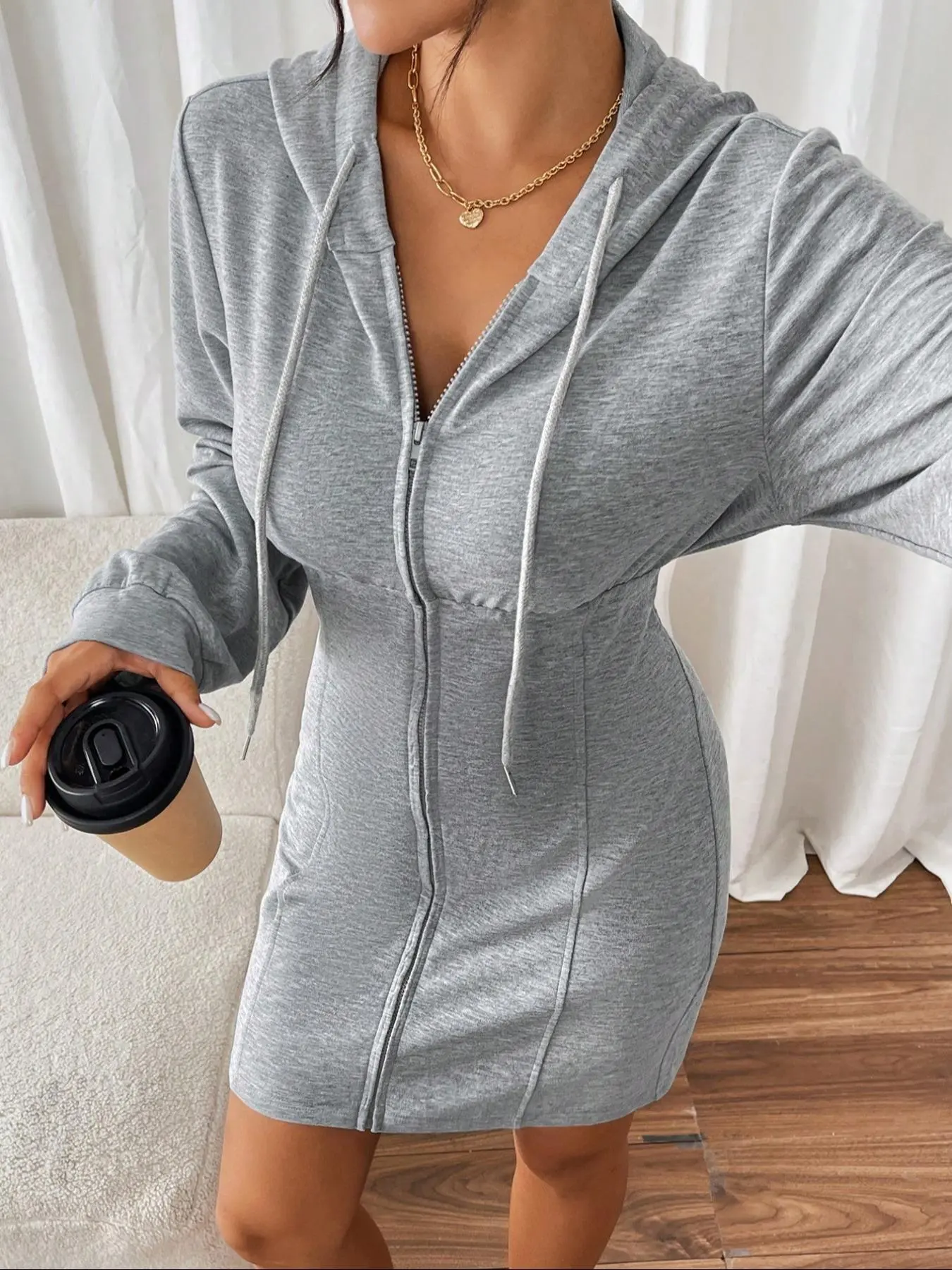 Women's Solid Half Zip Up Hooded Dress, Casual Long Sleeve Dress for Daily Wear, Ladies Clothes for All Seasons