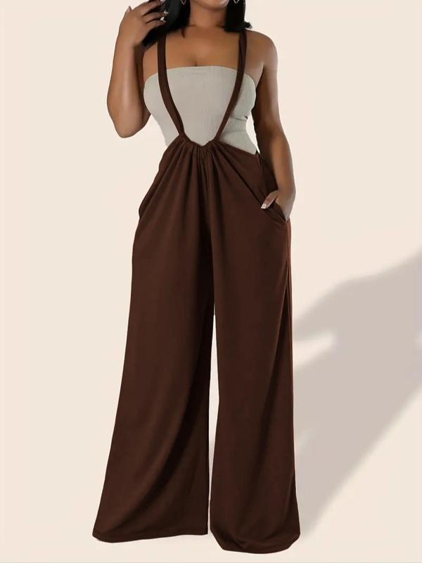 Women's Solid Color Ruched Tie Back Overalls, Casual Pocket Overalls for Summer, Women's Clothing for Daily Wear 0