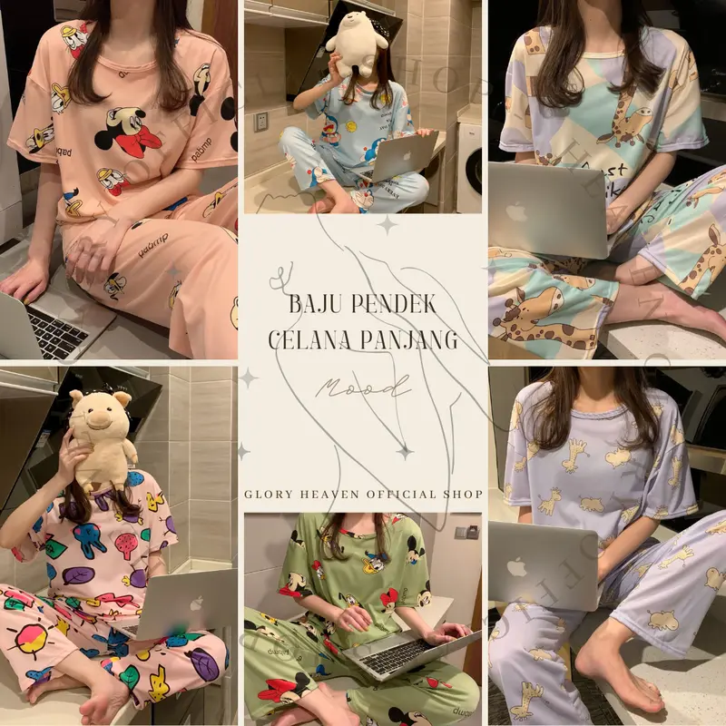 Glory Baju Tidur Wanita Lengan Pendek Celana Panjang | Piyama Pajama | Baju Tidur Set | Baju Rumah Set | Piyama Wanita Set Fit Dewasa 7