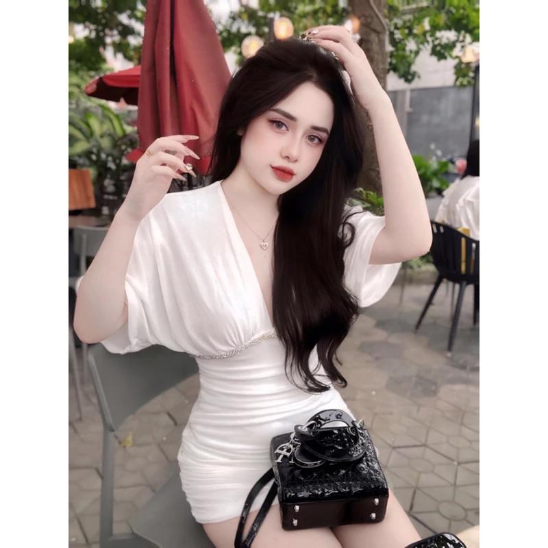 Đầm body dáng ngắn cổ v xẻ sâu tay cánh dơi phối đá eo có khóa kéo đi tiệc sang chảnh  - chất thun ladong H Nữ Dress Women
