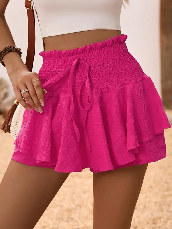 Women's Plain Shirred Frill Trim Tie Front Wide Leg Shorts, Casual High Waist Ruffle Hem Shorts for Summer, Ladies Bottoms for Daily Wear 0