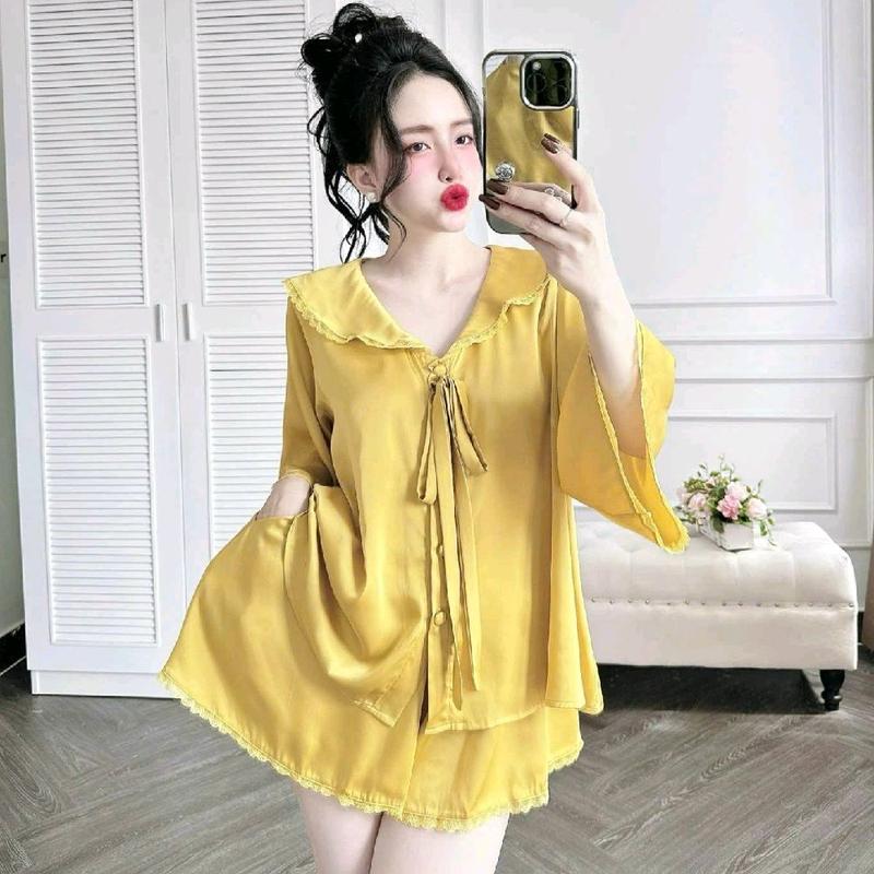 Đồ bộ pyjama BIGSIZE dưới 80kg from rộng Tay lỡ quần đùi có túi sleep home wear Nữ Voi Kem Áo Women